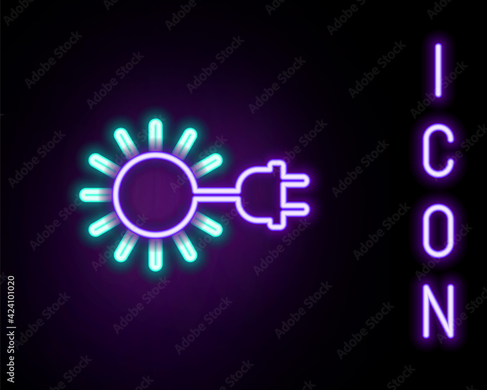 Glowing neon line Sun with electric plug icon isolated on black background. Energy saving concept. Colorful outline concept. Vector