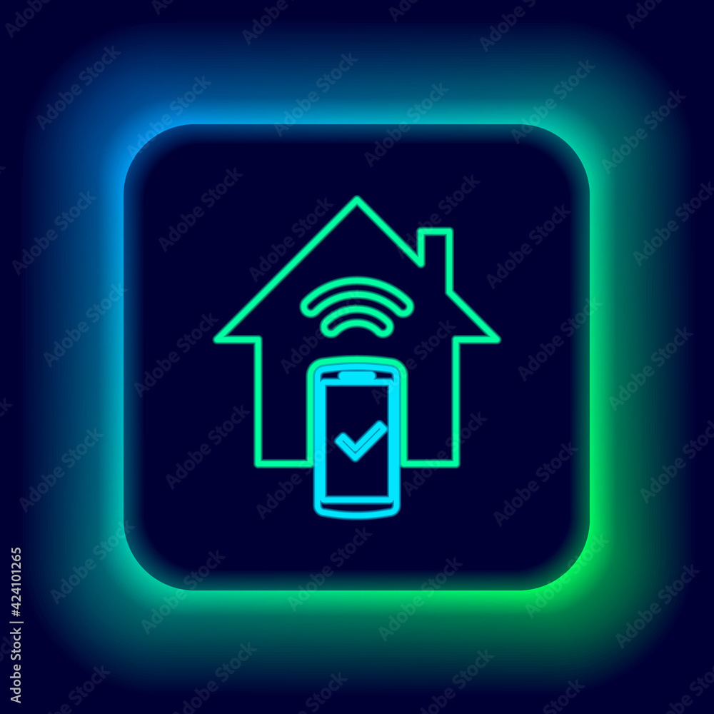 Naklejka premium Glowing neon line Smart home - remote control system icon isolated on black background. Colorful outline concept. Vector