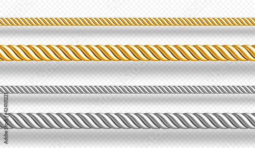Gold and silver ropes, twisted twines isolated on white background. Vector realistic set of 3d golden and metal satin cords. Decoration borders of straight silk strings
