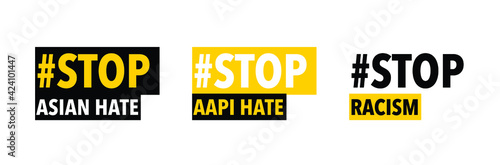 Stop asian hate hashtag, Typography design of Against Anti-AAPI, Xenophobia, racism, Bullying, Hate crimes. Yellow and black wording on white background, Ready to use, Graphic Vector.