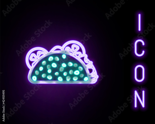 Glowing neon line Taco with tortilla icon isolated on black background. Traditional mexican fast food. Colorful outline concept. Vector