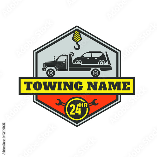 illustration of a towing truck evacuating a broken car, logo template for towing service.