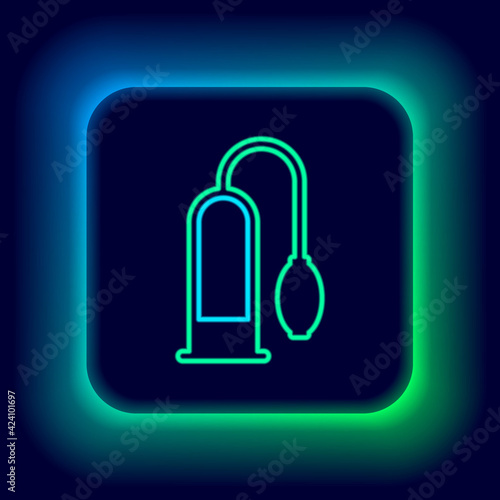 Glowing neon line Penis pump icon isolated on black background. Penis enlarger. Sex toy for men. Vacuum pump with a blower to increase the penis. Colorful outline concept. Vector
