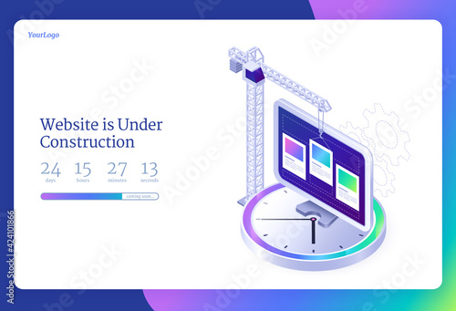Website under construction isometric landing page. Internet software maintenance with countdown, webpage update, repair or development. Building crane and pc desktop on huge clock 3d vector web banner