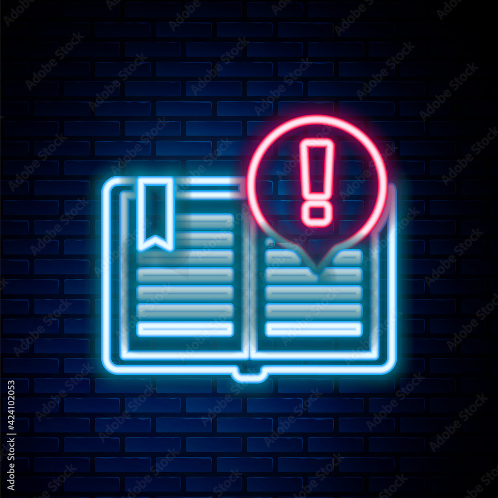 Glowing neon line Interesting facts icon isolated on brick wall background. Book or article sign. Exclamation mark sign. Colorful outline concept. Vector Glowing neon line Interesting facts icon isolated on brick wall background. Book or article sign. Exclamation mark sign. Colorful outline concept. Vector