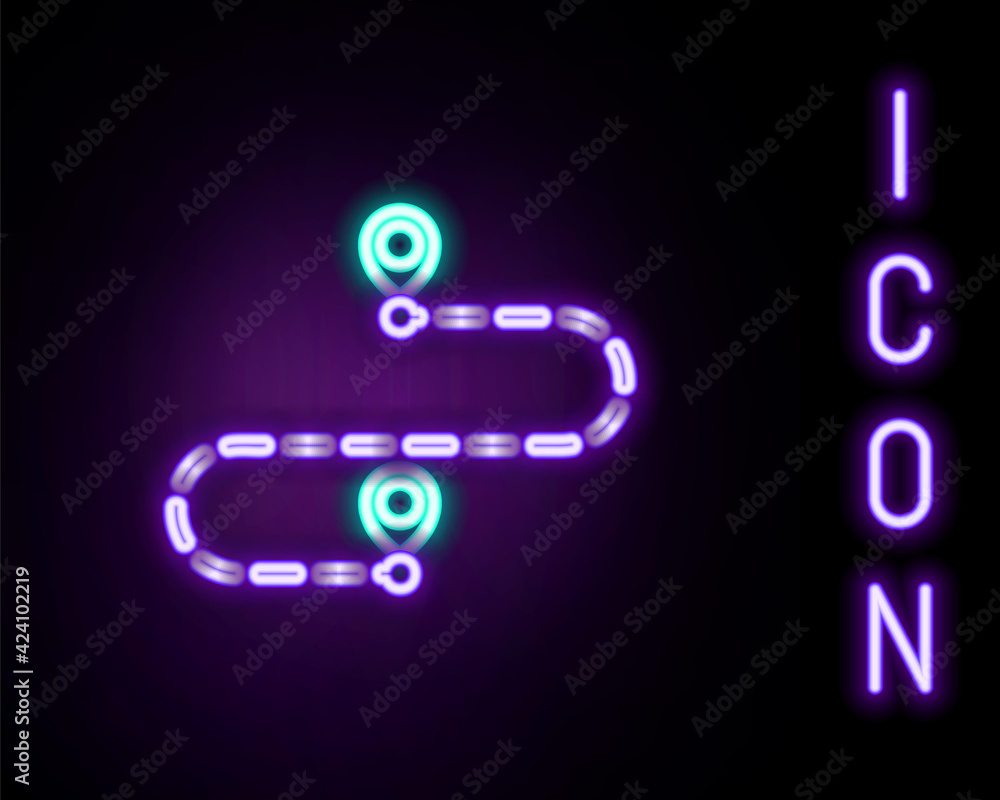 Glowing neon line Route location icon isolated on black background. Map pointer sign. Concept of path or road. GPS navigator. Colorful outline concept. Vector