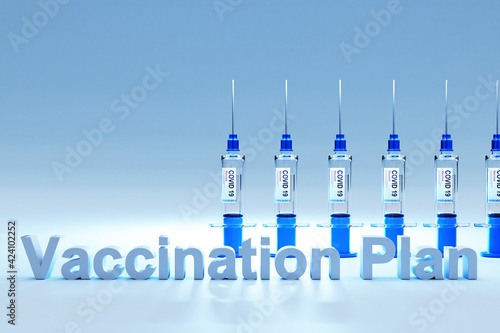 row of covid 19 sarsCov syringes with vaccine against pandemic; conceptual vaccination plan; 3D Illustration photo