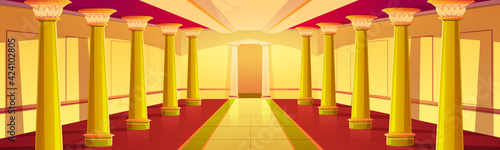 Castle corridor with gold columns. Palace empty colonnade interior with golden antique pillars and tiled floor. Medieval building architecture design, ball room or hall, Cartoon vector illustration