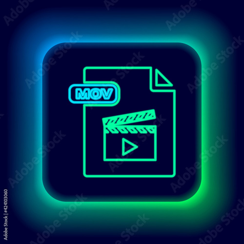 Glowing neon line MOV file document. Download mov button icon isolated on black background. MOV file symbol. Audio and video collection. Colorful outline concept. Vector