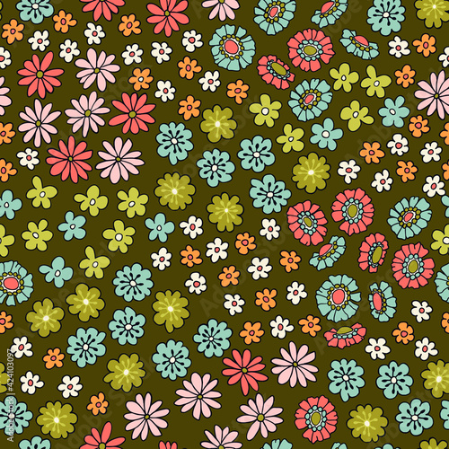 Colorful Small Scale Hand-Drawn Floral Vector Seamless Pattern. Retro 70s Style Nostalgic Fashion Textile Bold Background. Summer Resort Print. Ditsy Daisies. Flower Power
