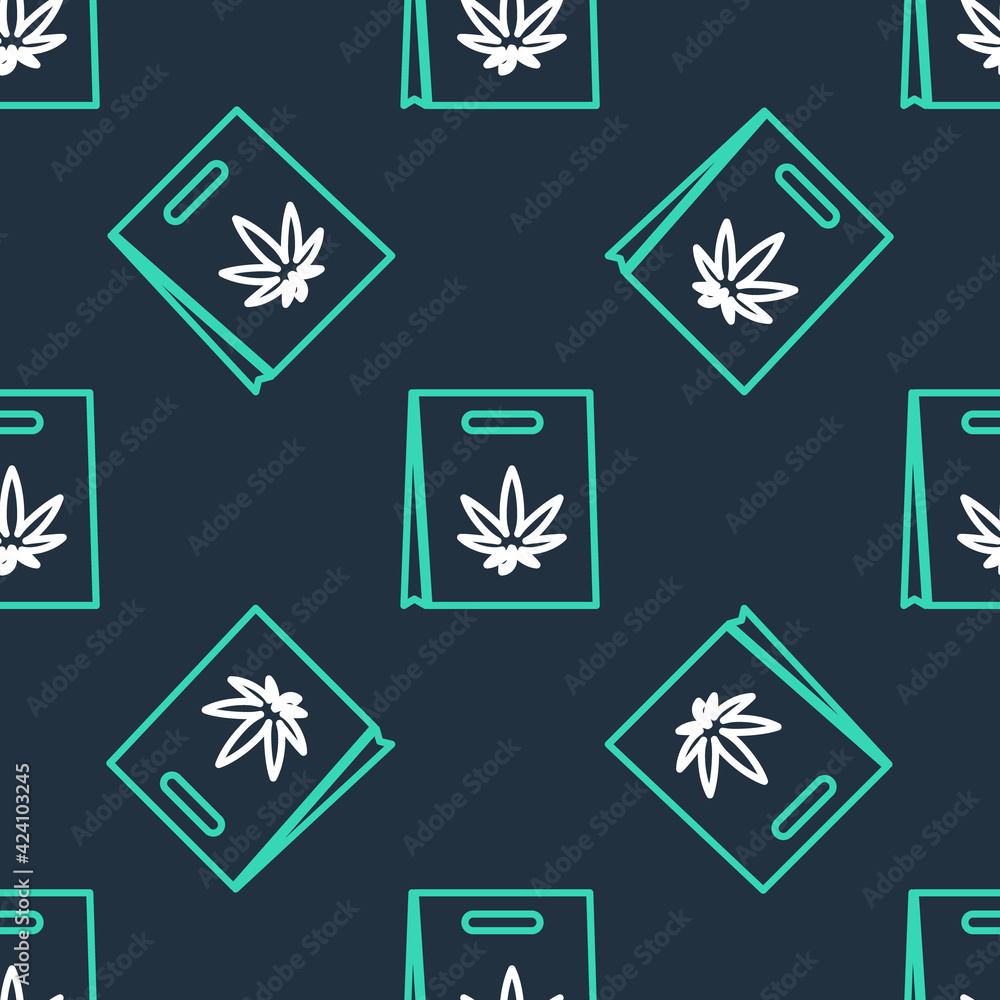 Line Shopping paper bag of medical marijuana or cannabis leaf icon isolated seamless pattern on black background. Buying cannabis. Hemp symbol. Vector