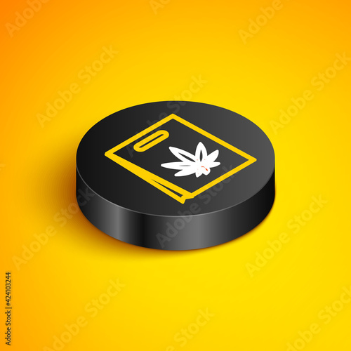 Isometric line Shopping paper bag of medical marijuana or cannabis leaf icon isolated on yellow background. Buying cannabis. Hemp symbol. Black circle button. Vector