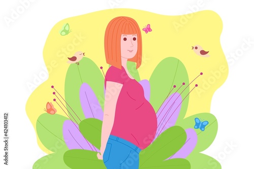 Pregnancy, motherhood concept. Pregnant and happy beautiful young woman holds her belly with a baby in the womb. Flat cartoon vector illustration of a woman awaiting the birth of a child.