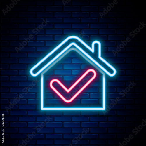 Glowing neon line House with check mark icon isolated on brick wall background. Real estate agency or cottage town elite class. Colorful outline concept. Vector