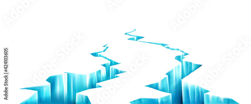 Broken ice, deep crack in frozen surface. Breaks in glacier in perspective view. Vector realistic background with fractures in ice from earthquake or melting. 3d blue rifts on white background