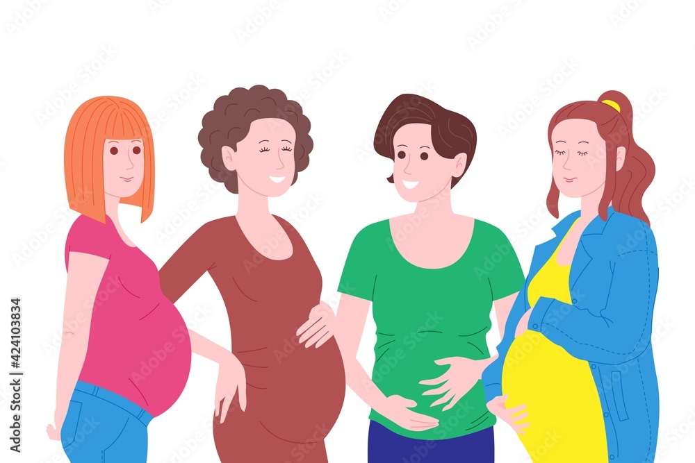 Pregnancy, motherhood concept banner. Group of pregnant and happy young women talking and laughing, holds their bellies waiting for the birth of a child. Flat cartoon vector illustration.