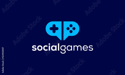 Logo combination from bubble chat with joystick game design concept