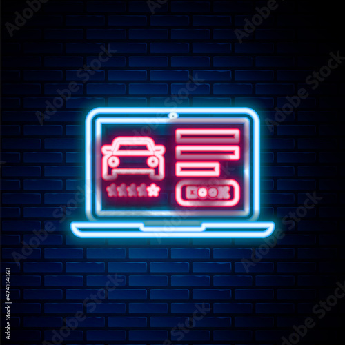 Glowing neon line Online car sharing icon isolated on brick wall background. Online rental car service. Online booking design concept for laptop. Colorful outline concept. Vector