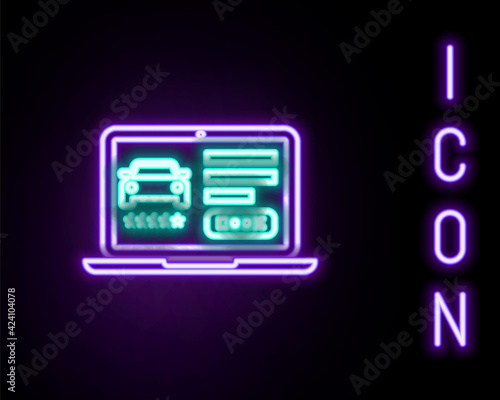 Glowing neon line Online car sharing icon isolated on black background. Online rental car service. Online booking design concept for laptop. Colorful outline concept. Vector