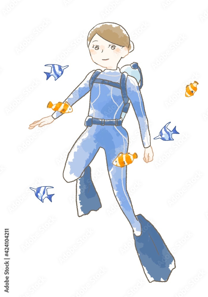Fototapeta premium 優しいタッチのダイビングをする女性のイラスト