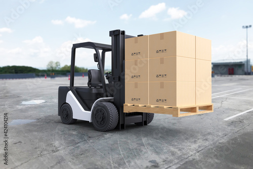 Forklift truck is lifting a pallet with cardboard boxes