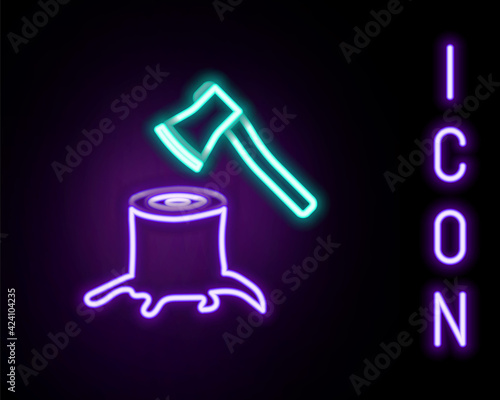 Glowing neon line Wooden axe in stump icon isolated on black background. Lumberjack axe. Axe stuck in wood. Colorful outline concept. Vector