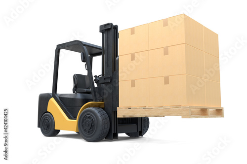 The forklift truck is lifting a pallet with cardboard boxes on white background