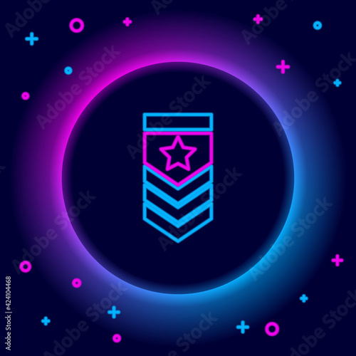 Glowing neon line Chevron icon isolated on black background. Military badge sign. Colorful outline concept. Vector