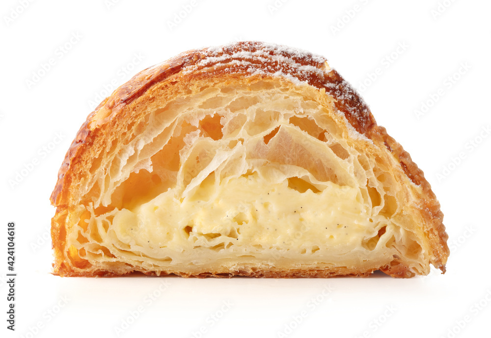 cut half of fresh baked croissant isolated on white background