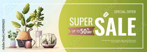 Promo sale banner for houseplants store, greenhouse, florarium, home garden, gardening, plant lover. Vector illustration for poster, banner, flyer, advertising, commercial, promo. 