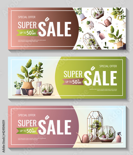 Set of promo sale banners for houseplants store, greenhouse, florarium, home garden, gardening, plant lover. Vector illustration for poster, banner, flyer, advertising, commercial, promo. 