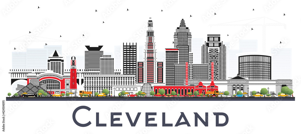 Cleveland Ohio City Skyline with Color Buildings Isolated on White.