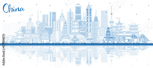 Outline China City Skyline with Blue Buildings and Reflections.