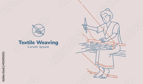 Woman working on weaving hand woven illustration. Line art vector.
