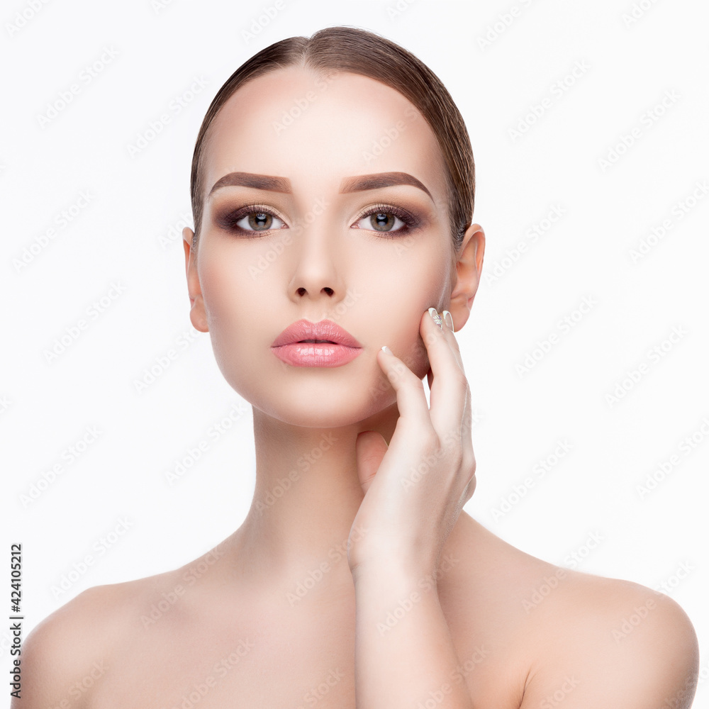 Beauty Portrait of Young Woman with Perfect Clean Fresh Skin close up isolated on white background - Skin Care Concept.. Beauty Portrait of Young Woman with Perfect Clean Fresh Skin close up isolated on white background - Skin Care Concept..