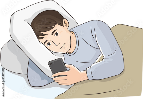 Vector illustration of a man looking at a smartphone in bed