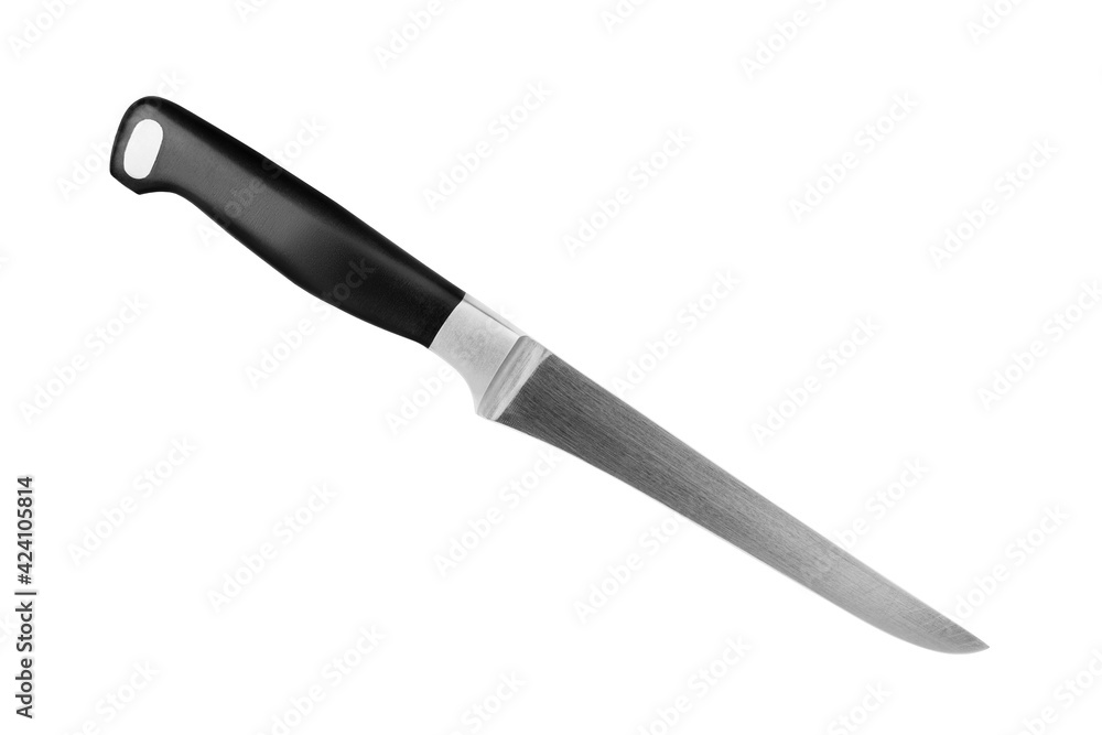 Steel carving knife with black plastic handle white background isolated close up, big metal chef knife, sharp stainless blade, paring knife, butcher knife, cooking food, kitchen utensil, cutting tool Steel carving knife with black plastic handle white background isolated close up, big metal chef knife, sharp stainless blade, paring knife, butcher knife, cooking food, kitchen utensil, cutting tool