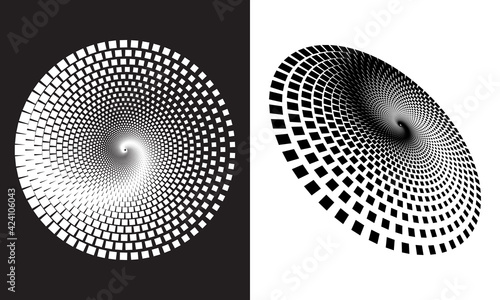 Abstract vector background with squares. Halftone effect. Spiral dotted background or icon.
