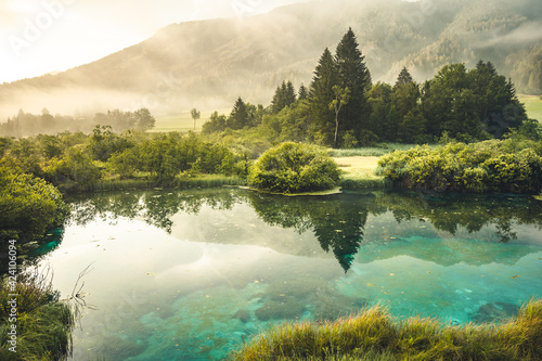 Nature Reserve Zelenci, krajnska gora, Slovenia, Europe. Wonderful morning view of Zelenci nature reserve. Slovenia travel. photo