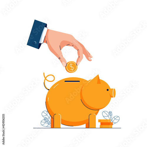 Save or Save Up Money vector illustration. Hand is putting coin into the piggy bank for saving money. Financial services, savings account, money management business concept for web, banner. Flat style