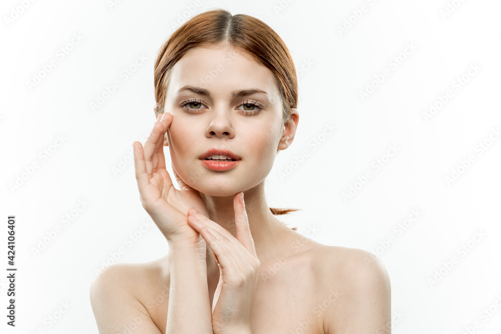 charming woman holding hands near face closed eyes posing sexy charming woman holding hands near face closed eyes posing sexy
