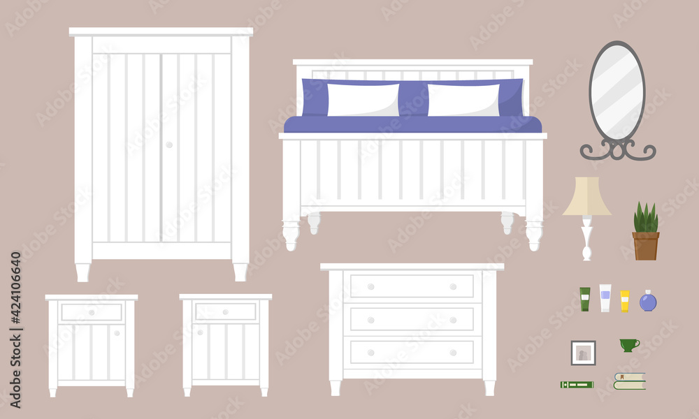 Set of white wooden bedroom furniture with double bed, wardrobe, night tables, chest of drawers and complements. Isolated vector illustration. Set of white wooden bedroom furniture with double bed, wardrobe, night tables, chest of drawers and complements. Isolated vector illustration.