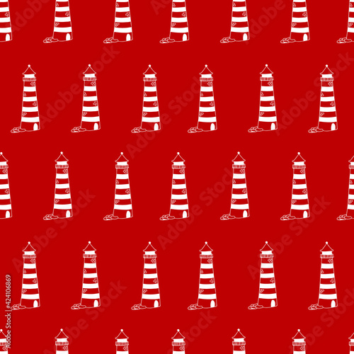 Nautical seamless pattern on red background with white lighthouse. Cute seamless background with light station. Marine wallpaper. Cute fabric design. Vector illustration.