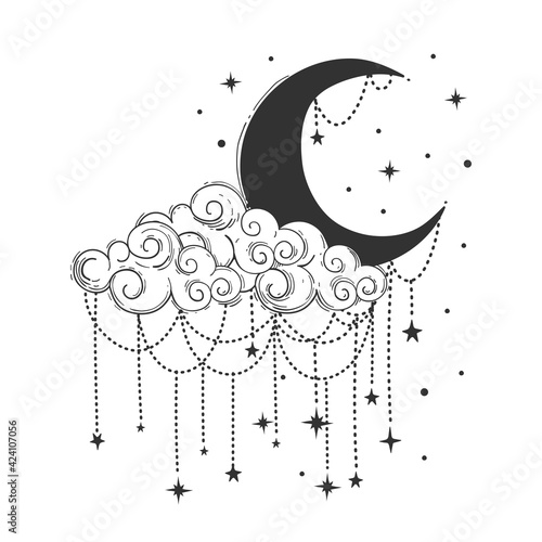Crescent moon and cloud with decorations and stars. Celestial symbols for tarot, astrology, t-shirt printing. Womens vintage boho tattoo. Vector line drawing art