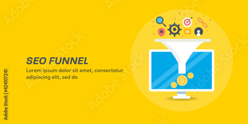 SEO funnel strategy increasing customer conversion rate. Flat design seo web banner with yellow background.