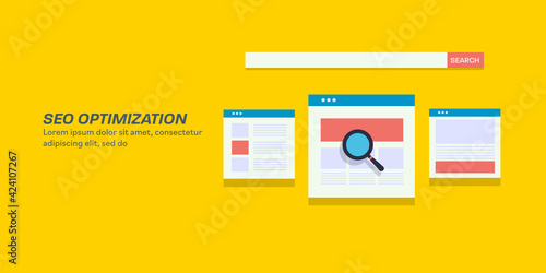 SEO optimization concept. Websites with search bar and magnifying glass indicates seo search results. Flat design web banner.