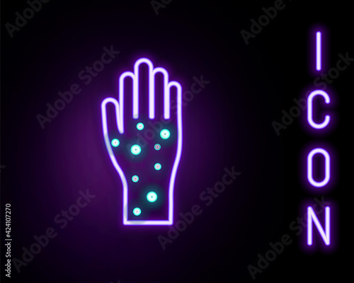 Glowing neon line Hand with psoriasis or eczema icon isolated on black background. Concept of human skin response to allergen or chronic body problem. Colorful outline concept. Vector