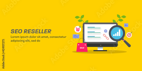 Seo software application, affiliate marketing and seo reseller program company service concept. Flat design web banner with text.