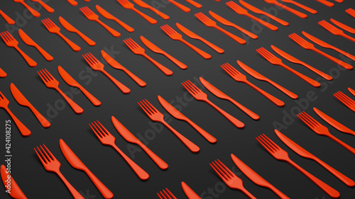 Group of fork and spoon of red color is placed on gray gradient background. Concept of cutlery in restaurant service. Bokeh effect. 3D render.