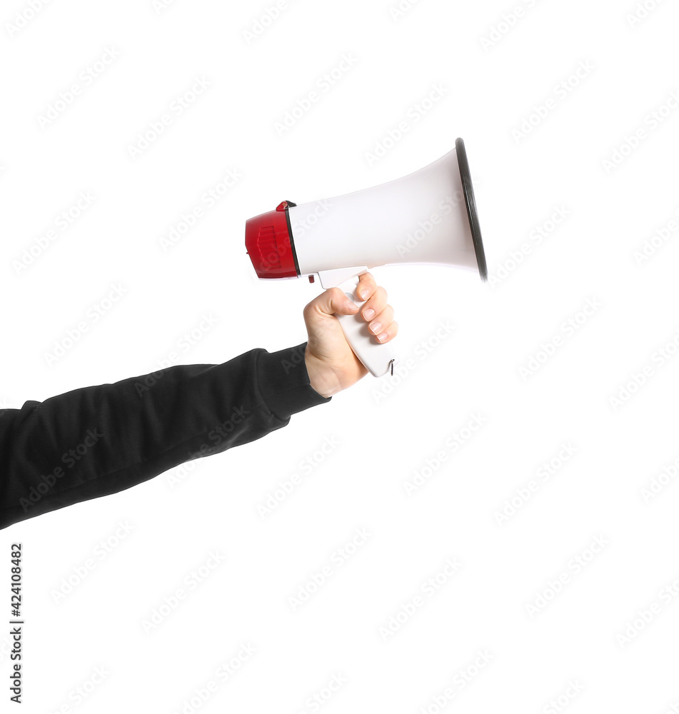 Child's hand with megaphone on white background Child's hand with megaphone on white background